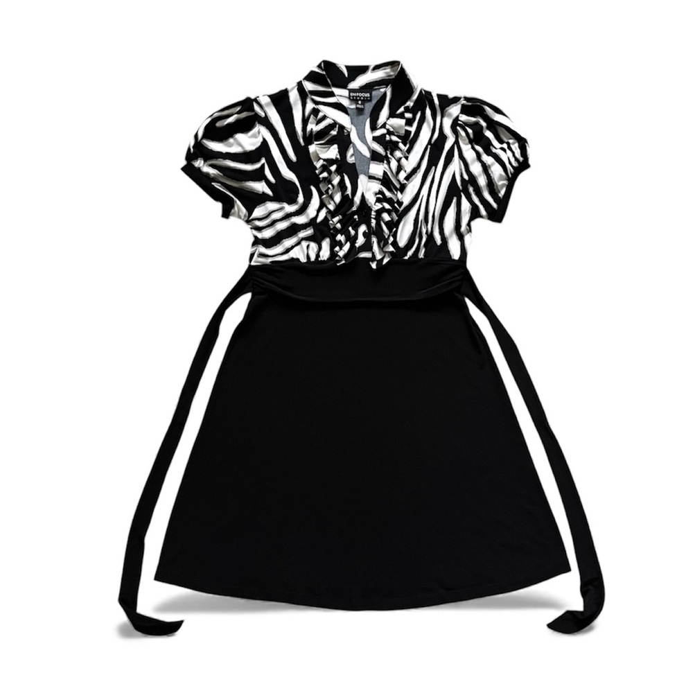 Y2K Animal Zebra Print V-Neck Stretchy Black Tan Ruffles A-Line Dress 90s Size 6